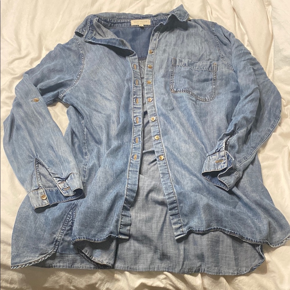 Side Stitch Indigo Denim Long Sleeve Blouse